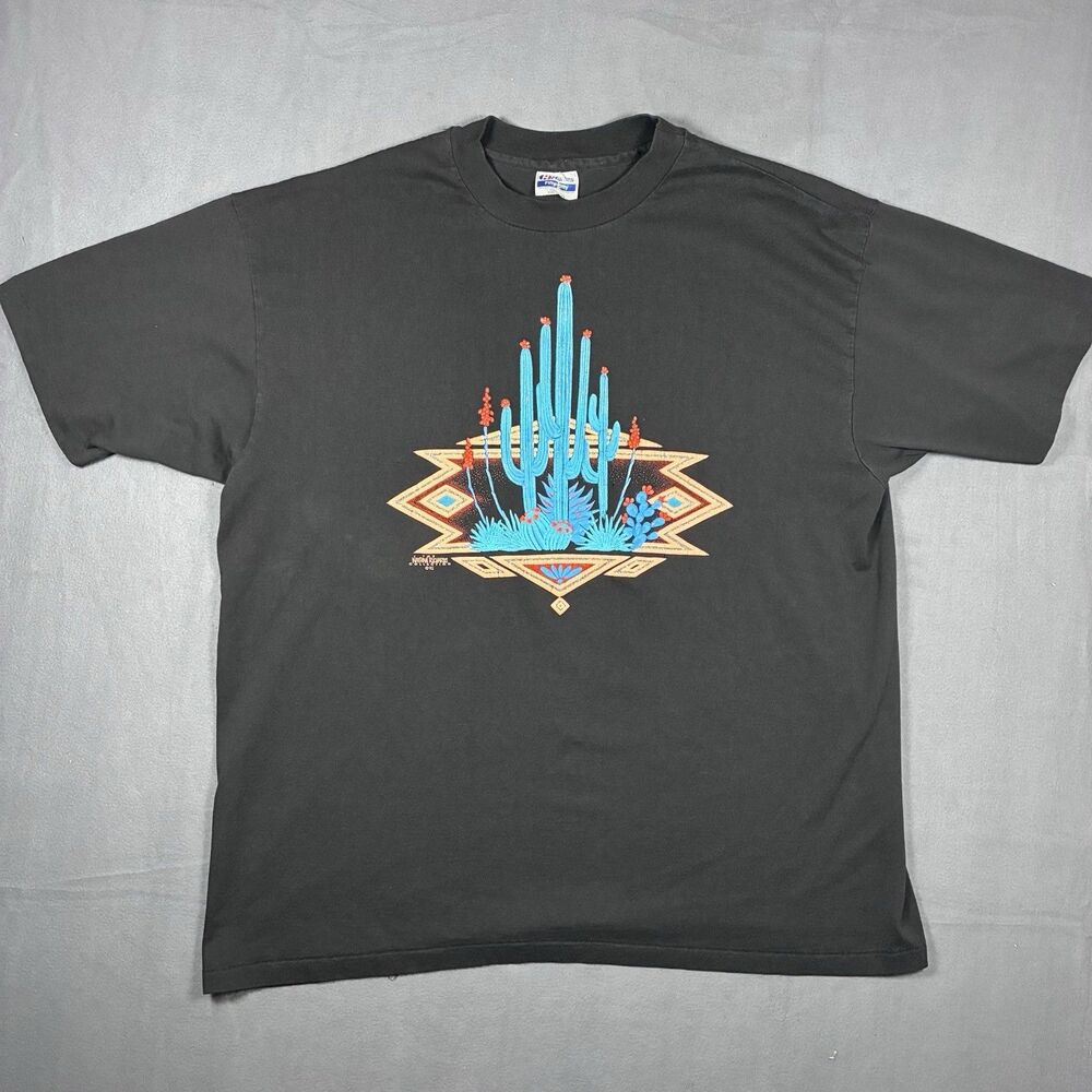 Vintage 90s New Mexico Cactus Flowers Multicolor Art Print T Shirt XXL USA Made